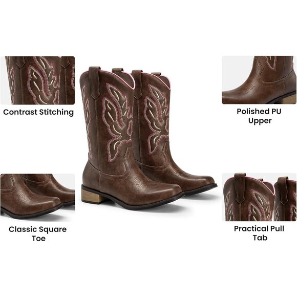 Women's Pink Brown Mid Calf Square Toe Comfortable Pull On Heel Embroidery - Picture 3 of 6